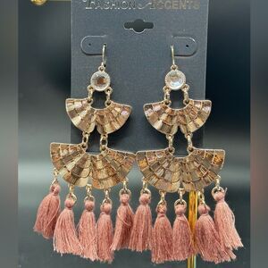 Rose Gold Tone Fish Hook Earrings with Pink Tassels 4 inch